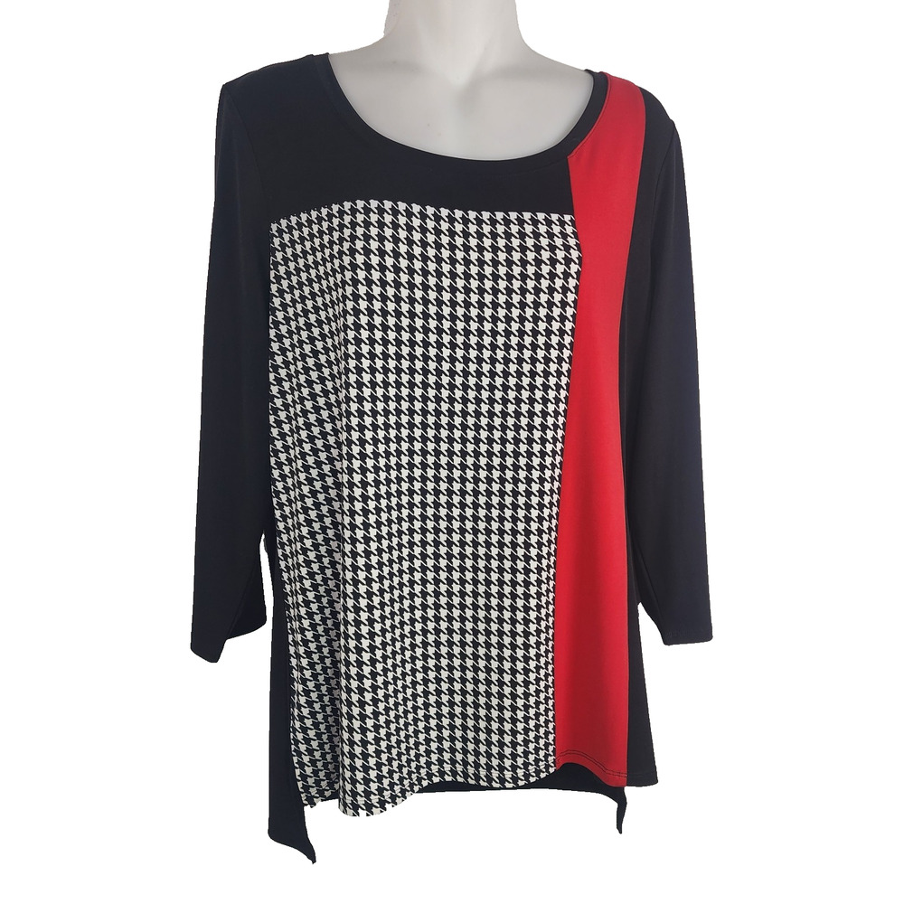 Chicos Houndstooth Checks Colorblock Top Red Black 3/4 Sleeve Hi Low Scoop M